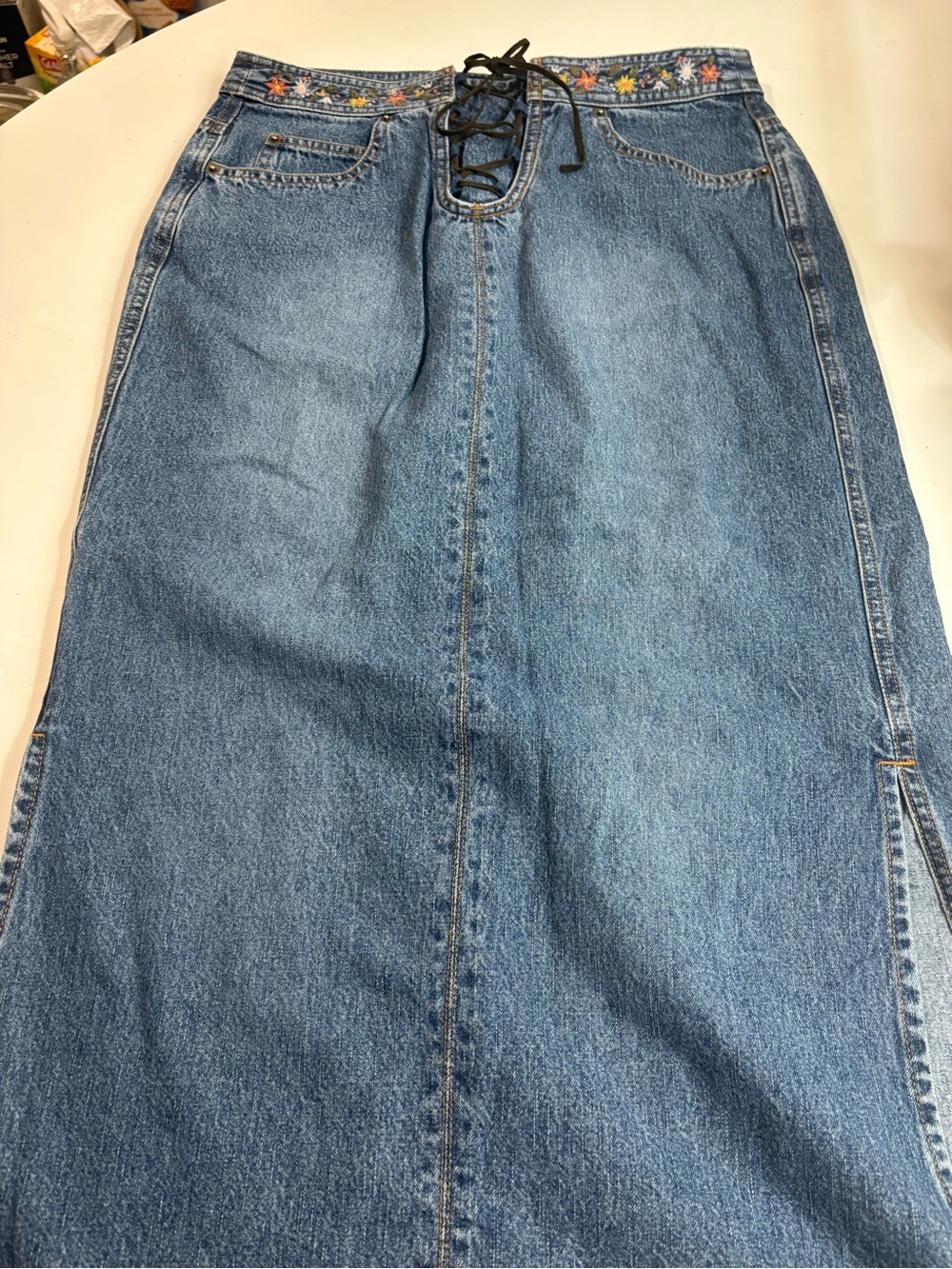 Denim Maxi Skirt with Embroidered Floral Waist Band. 100% Natural Soft Cotton!